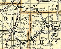 1893 map showing Elk on the border of Chase and Marion Counties
