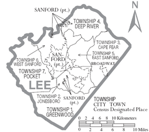 Map of Lee County North Carolina With Municipal and Township Labels