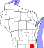 Map of Wisconsin highlighting Walworth County where the unincorporated community of Voree is located