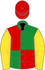 Green and red (quartered), yellow sleeves, red cap