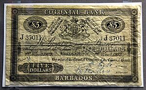 5 dollar note, Colonial Bank, Barbados, 1902. On display at the British Museum in London