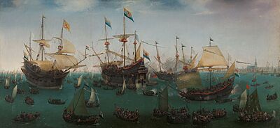 De terugkomst in Amsterdam van de tweede expeditie naar Oost-Indië, Hendrik Cornelisz Vroom, 1599, Rijksmuseum SK-A-2858