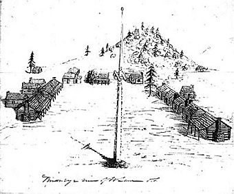 Hand sketch of Fort Lane, a set of log buildings arranged in a U shape around a flagpole, with a small mountain rising in the background