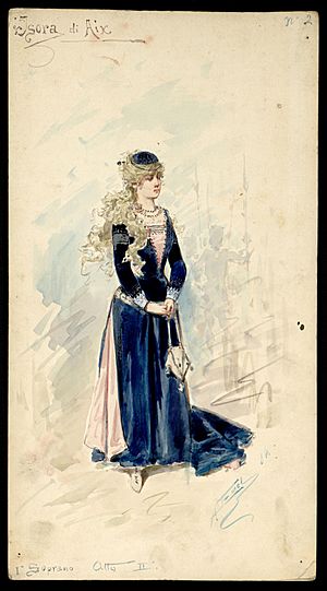 Isora di Aix (soprano), figurino di Alfredo Edel per Isora di Provenza (1884) - Archivio Storico Ricordi ICON008106