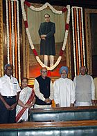 PM Manmohan Singh, the Speaker, Lok Sabha, Somnath Chatterjee and the leader of Opposition in Lok Sabha, L. K. Advani paid tributes at the portrait of B. R. Ambedkar