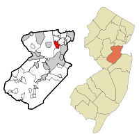 Map of Fords CDP in Middlesex County. Inset: Location of Middlesex County in New Jersey.