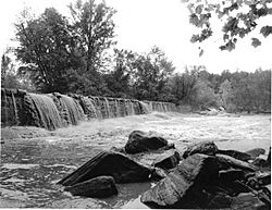 Stone dam on Neuse River at Falls, North Carolina prior to the construction of the current Falls Lake Dam