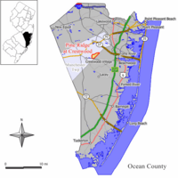 Map of Pine Ridge at Crestwood highlighted within Ocean County. Inset: Location of Ocean County in New Jersey.