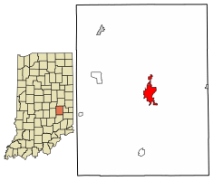 Location of Rushville in Rush County, Indiana.