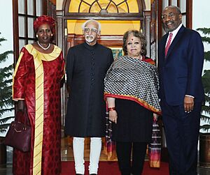 The Prime Minister of Uganda, Mr. Ruhakana Rugunda and his spouse, Mrs. Jocelyn Rugunda calling on the Vice President, Shri M. Hamid Ansari, in New Delhi on March 10, 2017. Smt. Salma Ansari is also seen