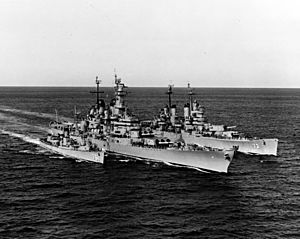 Wisconsin (BB-64), USS Saint Paul (CA-73) and USS Buck (DD-761) underway off Korea on 22 February 1952 (80-G-440021)