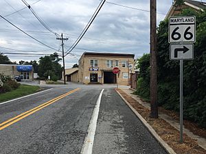 2016-07-28 17 05 26 View south along Maryland State Route 66 (Pennsylvania Avenue) at Water Street in Smithsburg, Washington County, Maryland