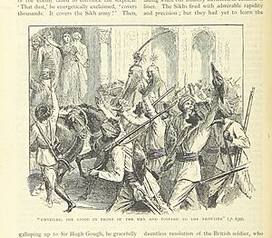 Drawing of Maharani Jind Kaur rallying the Sikh troops