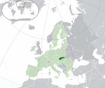 Location of  Slovakia  (dark green)– on the European continent  (green & dark grey)– in the European Union  (green)  —  [Legend]
