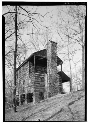 Historic American Buildings Survey, Edgar D. Tyler, Photographer February 9, 1934 VIEW FROM SOUTHEAST. - James Kemper Log Cabin, Zoological Gardens, Cincinnati, Hamilton County, HABS OHIO,31-CINT,2-2