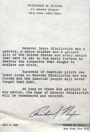 Letter from Richard Nixon, on the death of Draza Mihailovich