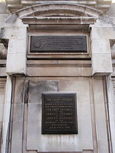 Memorial plaque to the United Nations General Assembly. Methodist Central Hall, Westminster