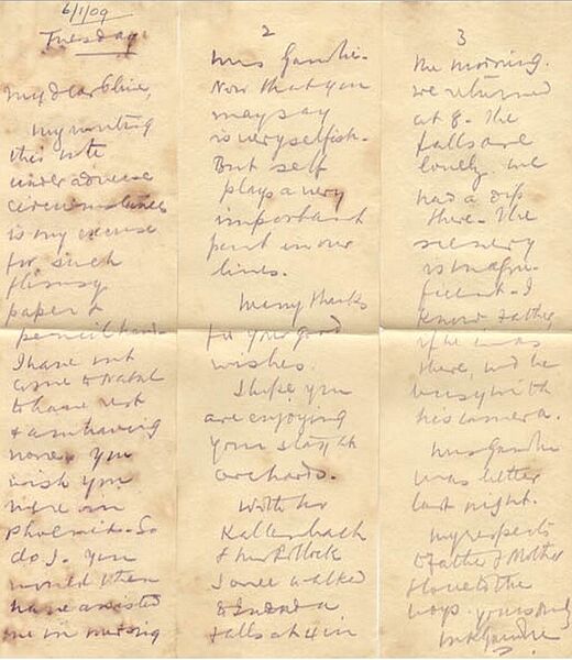 Mohandas K. Gandhi, letter in indelible pencil, South Africa 1909