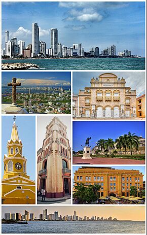 Top: Bocagrande Harbor. Second row: View of Santa Cruz Manga Island, Heredia Theatre. Third row: ClockTower (Torre del Reloj), Pilar Republicano, San Felipe Barajas Castle (Castillo de San Felipe de Barajas) (above), Charleston Hotel (below). Bottom: City Skyline.
