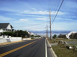 Route 36 and Waterview Way looking north; the entrance to Sandy Hook is ahead