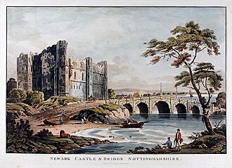 Newark Castle and bridge London Published by J Deeley, 95 Bewick St Soho, 1812 Coloured aquatint