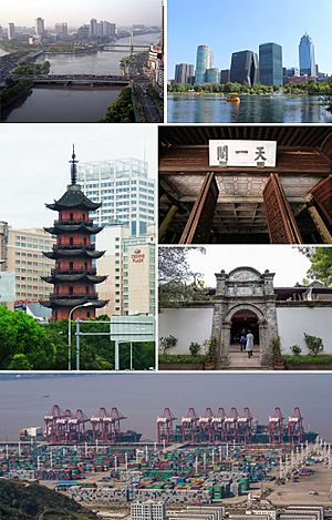 Clockwise from top: Ningbo's Skyline, Tianyi Square, Tianyi Chamber, Port of Ningbo, Hangzhou Bay Bridge, and Tianfeng Pagoda