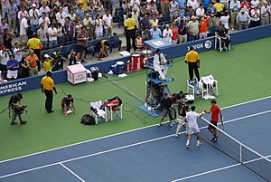 Novak Djokovic and Roger Federer at USO 2011 (cropped)