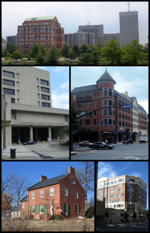 Downtown Rockville in 2001, the Montgomery County Judicial Center in 2010, the Rockville Town Square in 2010, the Beall-Dawson House in 2005, and downtown Rockville in 2008.