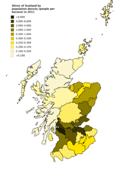 Shires of Scotland by population density (2011)