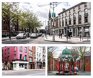 Clockwise from top: The Cornmarket area near Thomas Street; a Reginald Street Catholic emancipation memorial that once housed a tribute to Queen Victoria; shops and bars on Thomas Street