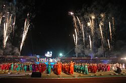 The fireworks light up the sky during the closing ceremony of the 3rd Commonwealth Youth Games-2008, in Pune on October 18, 2008