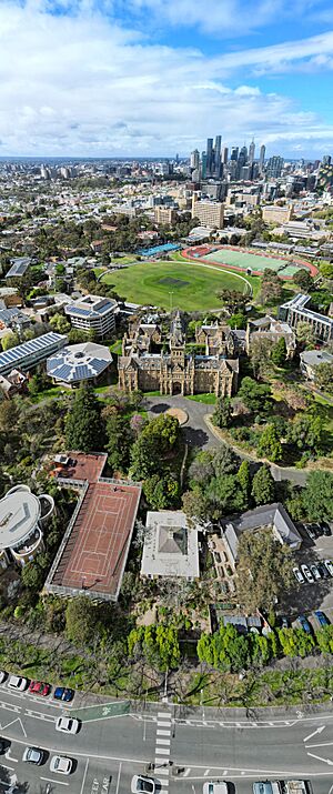 Vertical panorama of University of Melbourne's Ormond College. September 2023