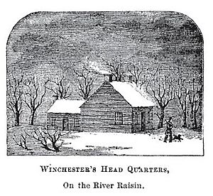 a drawing of the outside of a multi-room log cabin during winter