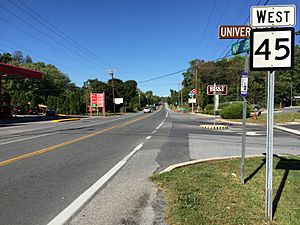 2016-09-27 10 24 16 View west along West Virginia State Route 45 (Martinsburg Pike) at University Drive in Shepherdstown, Jefferson County, West Virginia