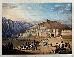Horsemen assembled outside the city walls at Kabul, Afghanis Wellcome V0050453