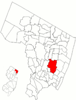 Map highlighting Teaneck's location within Bergen County. Inset: Bergen County's location within New Jersey.
