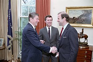 President Ronald Reagan meeting with Senators Joe Biden and William Cohen
