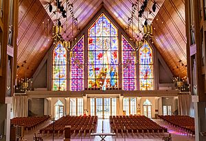Seats and Great Window from behind nave altar, Holy Trinity Cathedral, Auckland