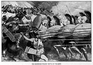 The Macedonian phalanx counter-attacks during the battle of the carts