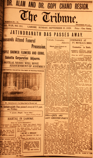 The Tribune newspaper, Jatin Das passes away1929