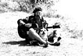 Vivian Stanshall and Bones, towpath, Shepperton, England, 1980