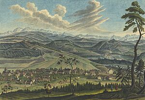 Zentralbibliothek Zürich - Eine weite Aussicht von der höhe der Kräjen im Canton Zürich das Dorf Nefftenbach Bodmers Mülli der Wieshof Schweikhof Schlosshof das Dorf Töss flus Töss Schloss Kyburg Schnegebirg - 000006455