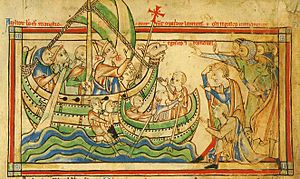 Becket sails to England - Becket Leaves (c.1220-1240), f. 4v - BL Loan MS 88