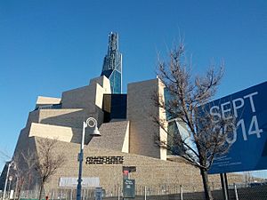 Canadian Museum for Human Rights, April 2014, showing sign with expected opening date