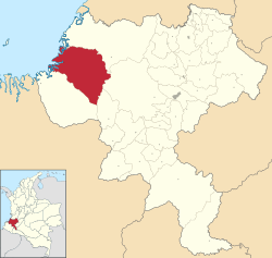 Location of the municipality and town of Timbiqui, Cauca in the Cauca Department of Colombia.