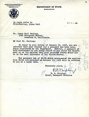 Letter from Ruth B. Shipley, Chief Passport Division, Department of State (United States) to Linus Pauling on February 14, 1952