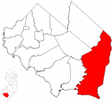 Maurice River Township highlighted in Cumberland County. Inset map: Cumberland County highlighted in the State of New Jersey.