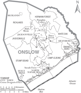 Map of Onslow County North Carolina With Municipal and Township Labels