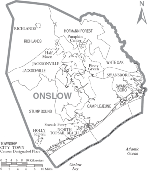 Map of Onslow County North Carolina With Municipal and Township Labels