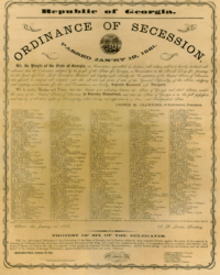 Facsimile of the 1861 Ordinance of Secession signed by Bartow and 292 other delegates to the Georgia Secession Convention at the statehouse in Milledgeville, Georgia January 21, 1861.